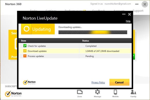 Norton 360 update window