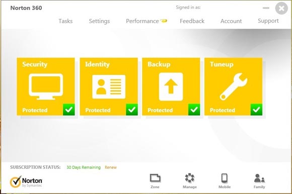 norton 360 main screen